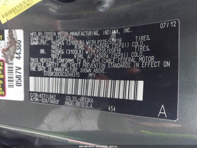 Aukcja sprzedaży 2012 Toyota Sienna Xle 7 Passenger, vin: 5TDDK3DC6CS048315, numer aukcji: 44619216