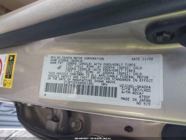 Aukcja sprzedaży 2003 Lexus Gx 470, vin: JTJBT20X330001931, numer aukcji: 44619231