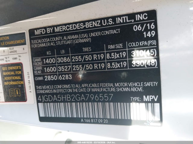 Aukcja sprzedaży 2016 Mercedes-benz Gle 350 4matic, vin: 4JGDA5HB2GA796557, numer aukcji: 44619238