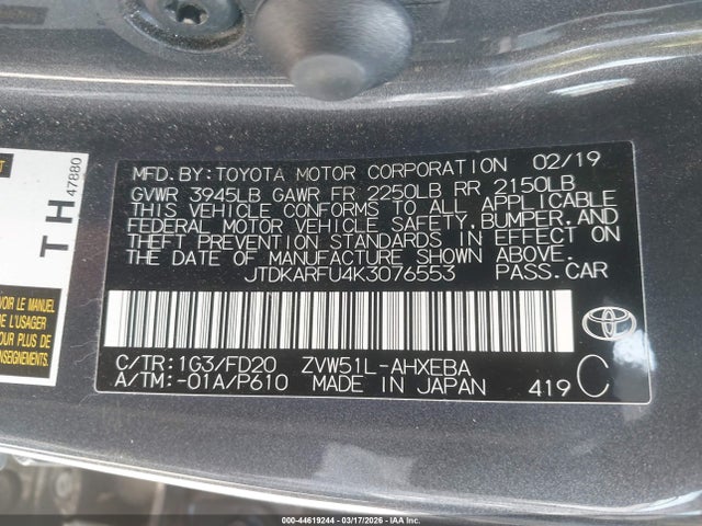 JTDKARFU4K3076553 Toyota Prius Le