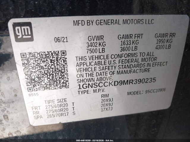 1GNSCCKD9MR390235 Chevrolet Suburban 2wd Lt