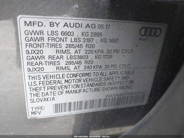 44619299 :رقم المزاد ، WA1VAAF77HD058442 vin ، 2017 Audi Q7 3.0t Premium مزاد بيع