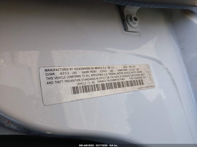2011 Volkswagen Jetta 2.5l Se მანქანა იყიდება აუქციონზე, vin: 3VWDZ7AJ1BM307987, აუქციონის ნომერი: 44619302