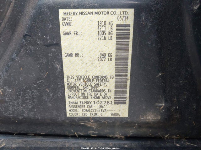 1N4AL3AP8FC102281 Nissan Altima 2.5/2.5 S/2.5 Sl/2.5 Sv