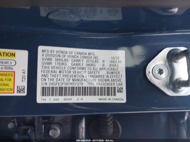 44619328 :رقم المزاد ، 2HGFE2F58TH531278 vin ، 2026 Honda Civic Sport مزاد بيع