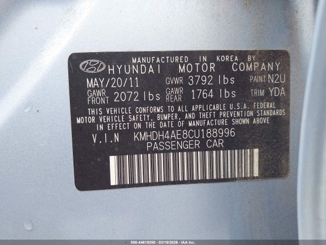 2012 Hyundai Elantra Gls (ulsan Plant) მანქანა იყიდება აუქციონზე, vin: KMHDH4AE8CU188996, აუქციონის ნომერი: 44619350