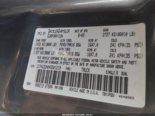 44619374 :رقم المزاد ، 1D7HG32N04S501219 vin ، 2004 Dodge Dakota Sport مزاد بيع