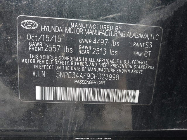 Aukcja sprzedaży 2016 Hyundai Sonata Limited, vin: 5NPE34AF9GH323998, numer aukcji: 44619386