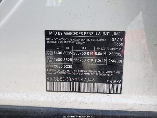 2010 Mercedes-benz Ml 350 4matic მანქანა იყიდება აუქციონზე, vin: 4JGBB8GB8AA587046, აუქციონის ნომერი: 44619395