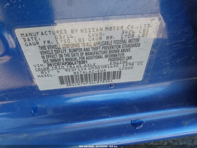 Nissan Versa 1.6 S+ 2016 3N1CN7AP3GL878301 Image 9