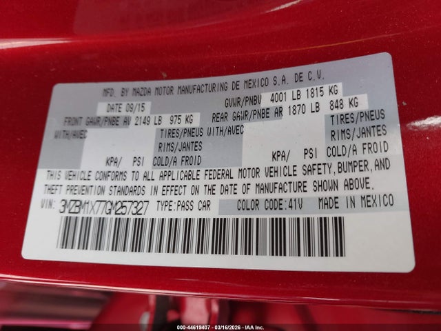44619407 :رقم المزاد ، 3MZBM1X77GM257327 vin ، 2016 Mazda Mazda3 I Grand Touring مزاد بيع