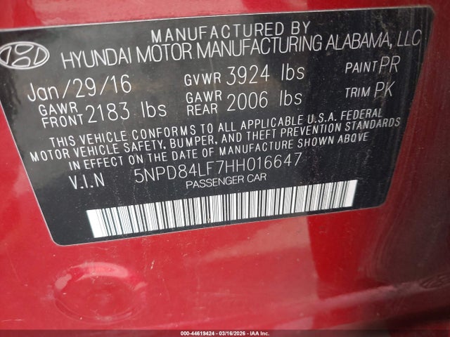5NPD84LF7HH016647 Hyundai ELANTRA SE