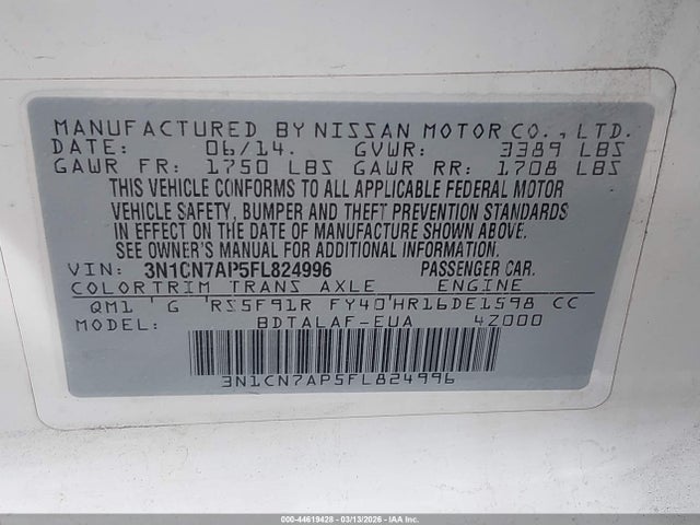 3N1CN7AP5FL824996 Nissan Versa 1.6 S