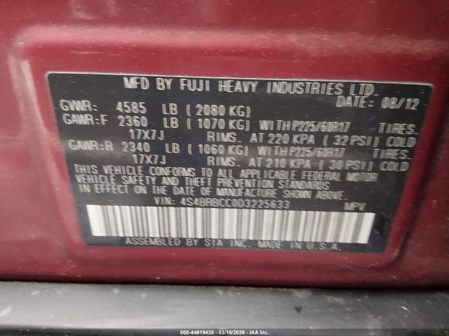 Продаж на аукціоні авто 2013 Subaru Outback 2.5i Premium, vin: 4S4BRBCC0D3225633, номер лоту: 44619438