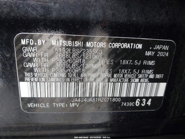 Продаж на аукціоні авто 2024 Mitsubishi Outlander Es 2.5 S-awc, vin: JA4J4UA81RZ071800, номер лоту: 44619445