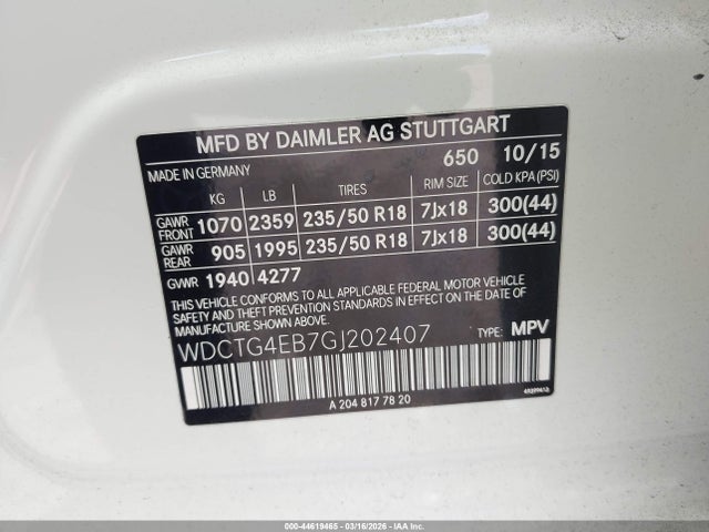 44619465 :رقم المزاد ، WDCTG4EB7GJ202407 vin ، 2016 Mercedes-benz Gla 250 مزاد بيع