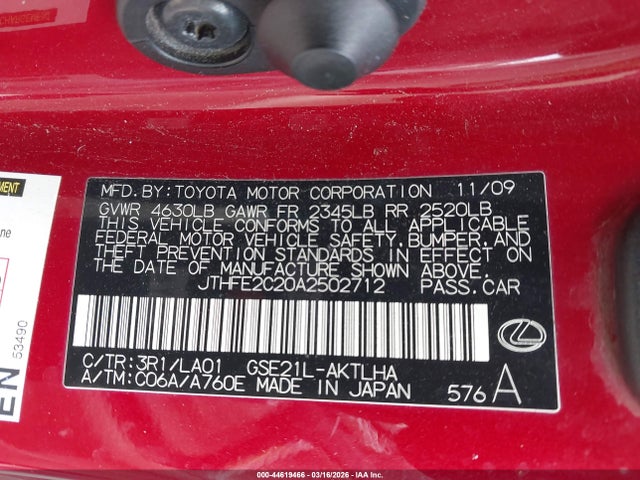 Aukcja sprzedaży 2010 Lexus Is 350c, vin: JTHFE2C20A2502712, numer aukcji: 44619466