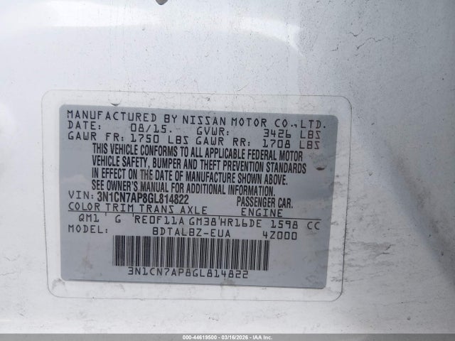 Nissan Versa 1.6 Sv 2016 3N1CN7AP8GL814822 Image 9
