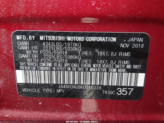 2019 MITSUBISHI OUTLANDER SPORT JA4AR3AU8KU015039 Photo 8