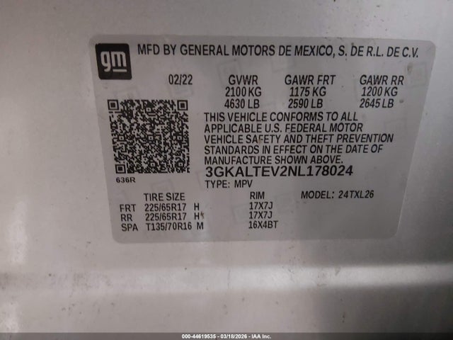 44619535 :رقم المزاد ، 3GKALTEV2NL178024 vin ، 2022 Gmc Terrain Awd Sle مزاد بيع