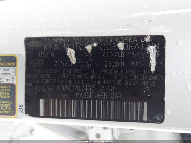 Aukcja sprzedaży 2016 Kia Optima Lx, vin: KNAGT4L31G5102338, numer aukcji: 44619537