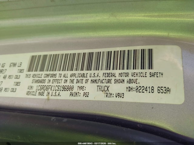 2012 Ram 1500 St მანქანა იყიდება აუქციონზე, vin: 1C6RD6FK1CS196800, აუქციონის ნომერი: 44619543