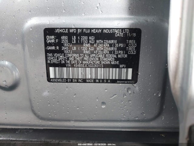 Aukcja sprzedaży 2016 Subaru Outback 3.6r Limited, vin: 4S4BSEJCXG3263173, numer aukcji: 44619560