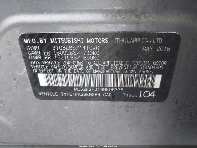 Продаж на аукціоні авто 2017 Mitsubishi Mirage G4 Es, vin: ML32F3FJ1HHF06335, номер лоту: 44619568