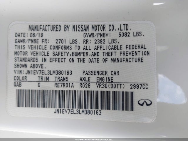 44619576 :رقم المزاد ، JN1EV7EL3LM380163 vin ، 2020 Infiniti Q60 Luxe Awd مزاد بيع
