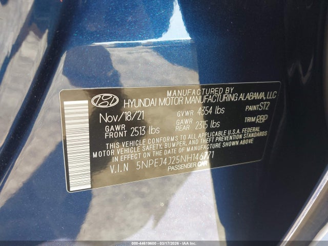 5NPEJ4J25NH146771 Hyundai Sonata Sel Plus