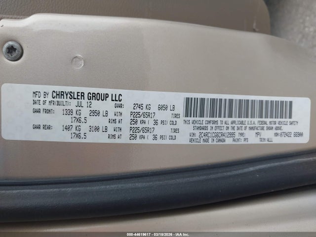 Aukcja sprzedaży 2012 Chrysler Town & Country Touring-l, vin: 2C4RC1CG6CR412995, numer aukcji: 44619617