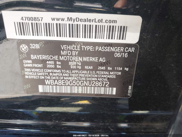 44619621 :رقم المزاد ، WBA8E9G50GNU28672 vin ، 2016 Bmw 328i مزاد بيع