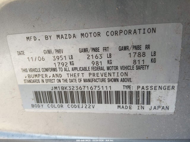 44619625 :رقم المزاد ، JM1BK323671675111 vin ، 2007 Mazda Mazda3 S Sport مزاد بيع