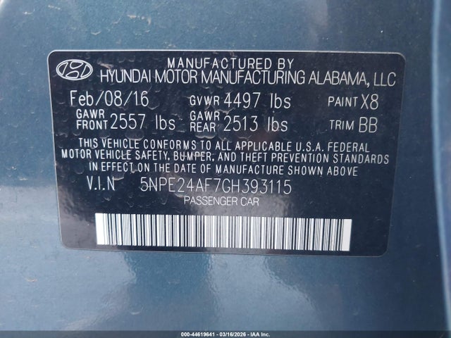 5NPE24AF7GH393115 Hyundai Sonata
