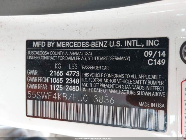 Продажа на аукционе авто 2015 Mercedes-benz C 300 4matic, vin: 55SWF4KB7FU013836, номер лота: 44619649