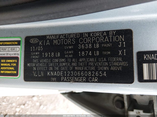 Продаж на аукціоні авто 2006 Kia Rio Lx, vin: KNADE123066082654, номер лоту: 44619675