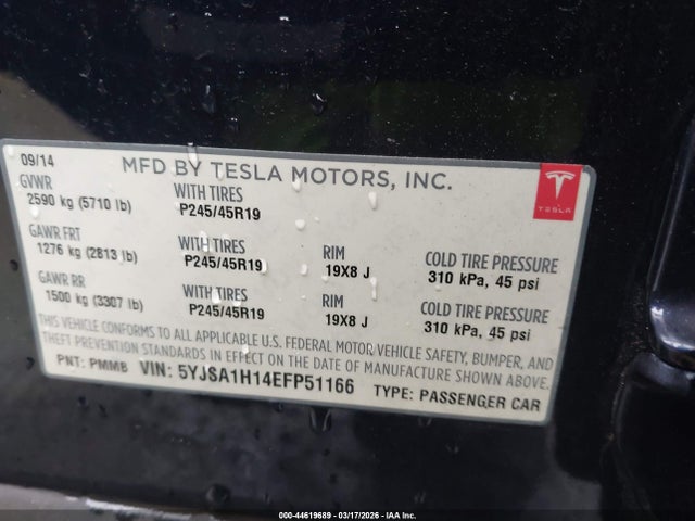 Продажа на аукционе авто 2014 Tesla Model S P85, vin: 5YJSA1H14EFP51166, номер лота: 44619689