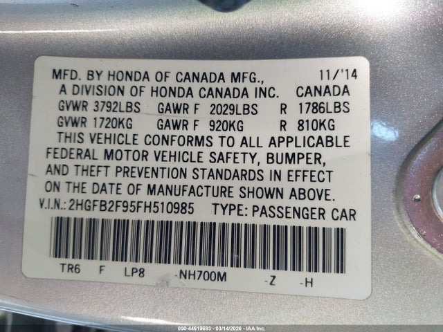 Honda Civic Ex-l 2015 2HGFB2F95FH510985 Image 9