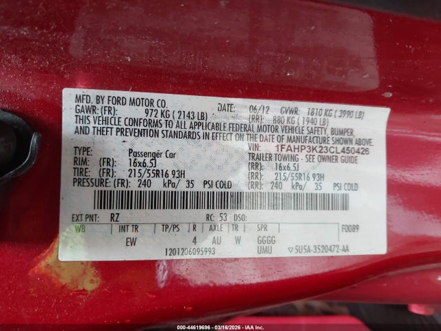Продаж на аукціоні авто 2012 Ford Focus Se, vin: 1FAHP3K23CL450426, номер лоту: 44619696