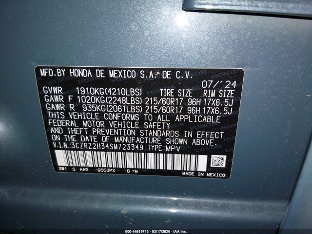 2025 Honda Hr-v Awd Lx მანქანა იყიდება აუქციონზე, vin: 3CZRZ2H34SM723349, აუქციონის ნომერი: 44619713