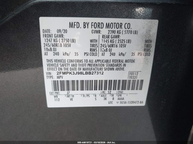 Aukcja sprzedaży 2020 Ford Edge Sel, vin: 2FMPK3J98LBB27312, numer aukcji: 44619721