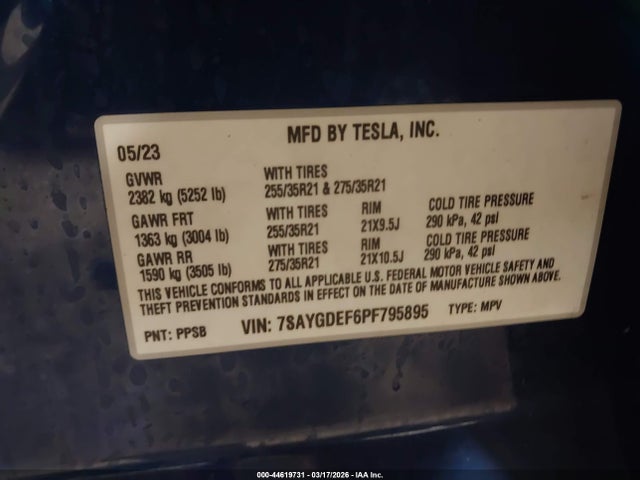 2023 Tesla Model Y Performance Dual Motor All-wheel Drive მანქანა იყიდება აუქციონზე, vin: 7SAYGDEF6PF795895, აუქციონის ნომერი: 44619731