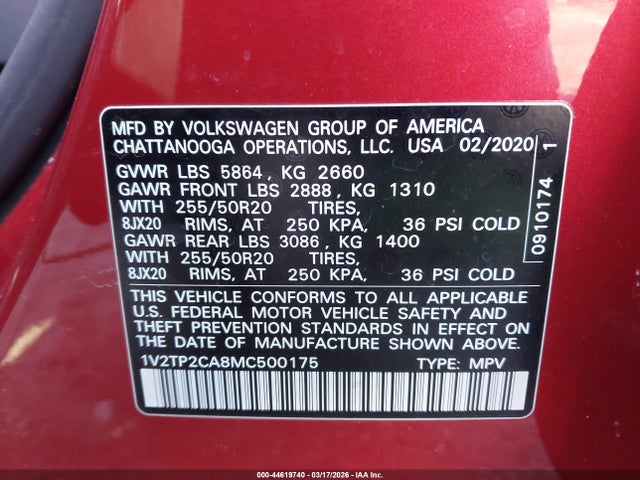 1V2TP2CA8MC500175 Volkswagen Atlas 2.0t Sel Premium