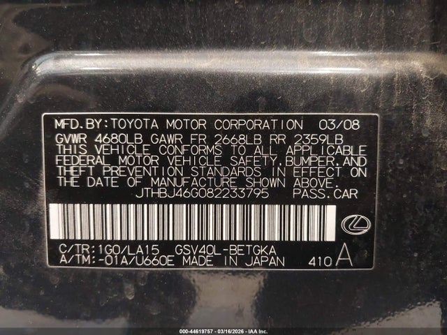 Продаж на аукціоні авто 2008 Lexus Es 350, vin: JTHBJ46G082233795, номер лоту: 44619757