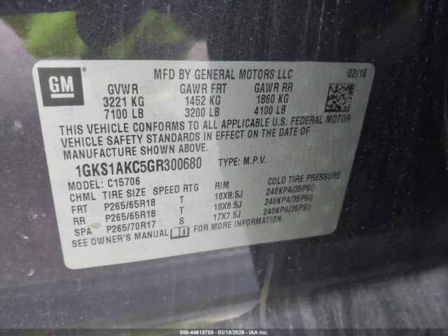 44619759 :رقم المزاد ، 1GKS1AKC5GR300680 vin ، 2016 Gmc Yukon Sle مزاد بيع