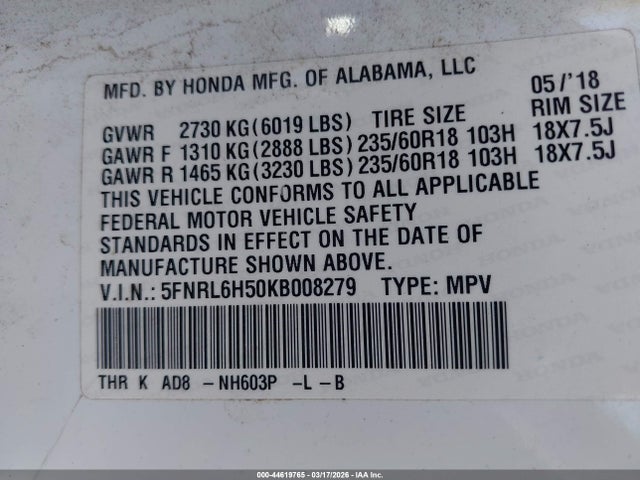 2019 HONDA ODYSSEY 5FNRL6H50KB008279 Photo 8