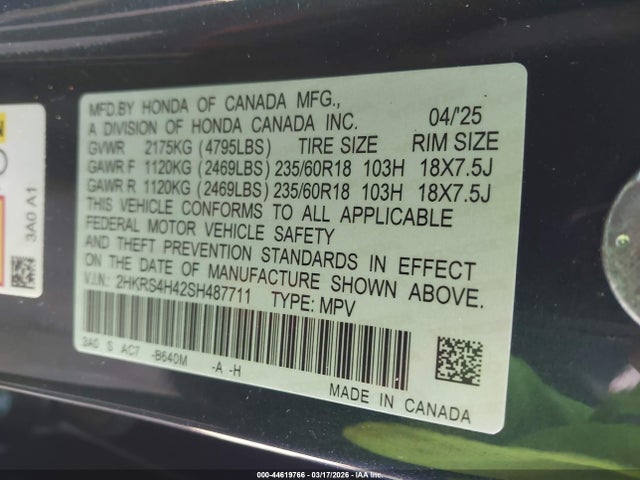 44619766 :رقم المزاد ، 2HKRS4H42SH487711 vin ، 2025 Honda Cr-v Ex Awd مزاد بيع