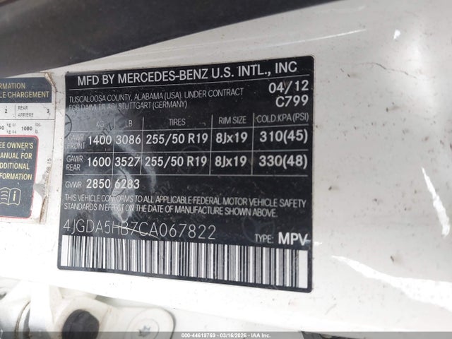 Aukcja sprzedaży 2012 Mercedes-benz Ml 350 4matic, vin: 4JGDA5HB7CA067822, numer aukcji: 44619769