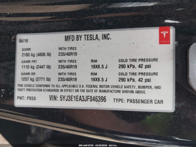 2018 Tesla Model 3 Long Range/mid Range მანქანა იყიდება აუქციონზე, vin: 5YJ3E1EA3JF046396, აუქციონის ნომერი: 44619780