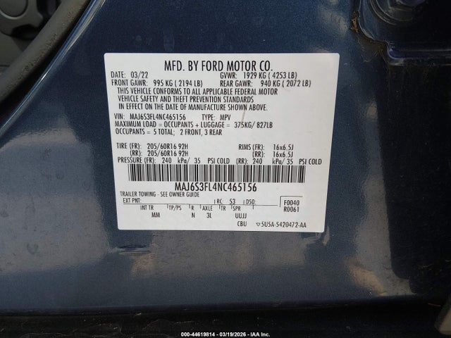 Aukcja sprzedaży 2022 Ford Ecosport S, vin: MAJ6S3FL4NC465156, numer aukcji: 44619814